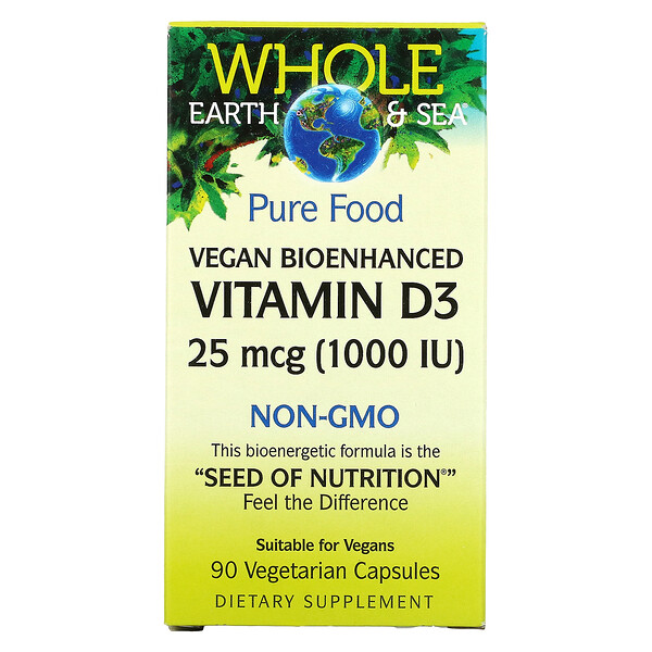 Natural Factors, Whole Earth & Sea, Vegan Bioenhanced Vitamin D3, 25 mcg (1,000 IU), 90 Vegetarian Capsules