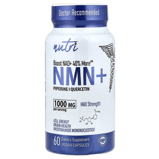Nutri, NMN y más, Suplemento con mononucleótido de β-nicotinamida, Concentración máxima, 60 cápsulas veganas