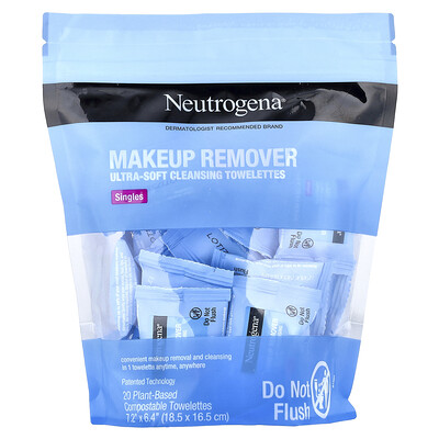 Product Image for Neutrogena, Makeup Remover, Ultra-Soft Cleansing Towelettes, Singles, 20 Plant-Based Compostable Towelettes
