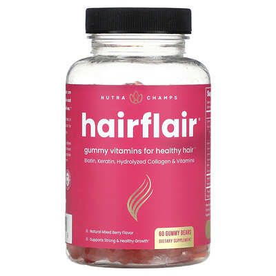 

NutraChamps Hairflair, натуральное ягодное ассорти, 60 жевательных мишек