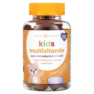 NutraChamps, Multivitaminico per bambini, fragola, frutto della passione, pesca e ciliegia, 120 caramelle gommose vegane