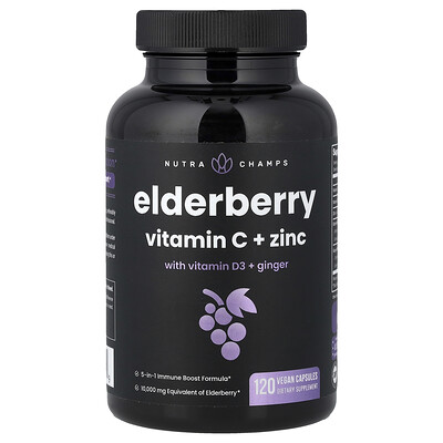 NutraChamps, Saúco, Vitamina C, zinc, vitamina D3 y jengibre, 120 cápsulas veganas