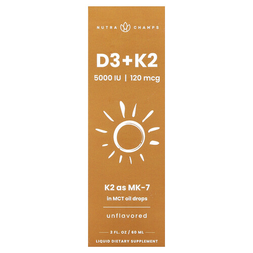 Nutrachamps D3 + K2 Liquid Drops, Unflavored, 2 fl oz (60 ml)