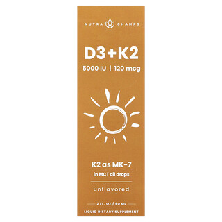 NutraChamps, Titisan Cecair D3 + K2, Tidak Berperisa, 2 fl oz (60 ml)