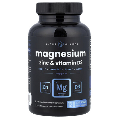 NutraChamps, Magnesio, zinc y vitamina D3, 120 cápsulas veganas