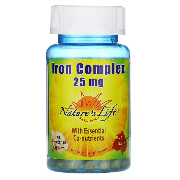 Nature's Life, комплекс железа, 25 мг, 50 вегетарианских капсул
