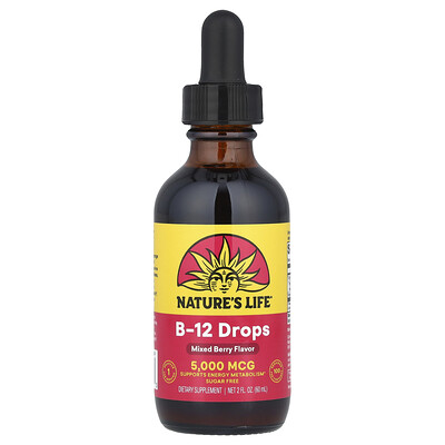 Nature's Life, Vitamina B12 en gotas, Sin azúcar, Bayas mixtas, 5000 mcg, 60 ml (2 oz. líq.)