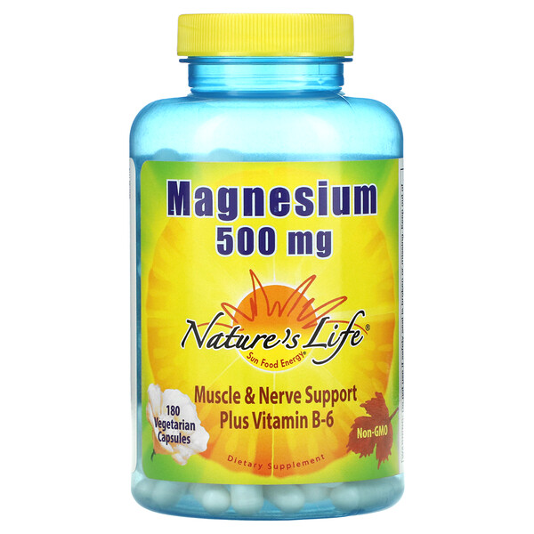 Nature's Life, マグネシウムプラスビタミンB-6、500mg、ベジカプセル180粒