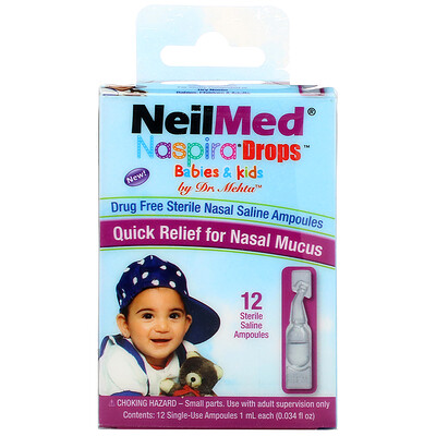 NeilMed Naspira, Капли для детей, 12 стерильных ампул с солевым раствором, 0,034 жид.унции (1 мл) в каждой