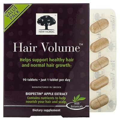 New Nordic Hair Volume, средство для роста и объема волос, с экстрактом биопектина яблока, 90 таблеток