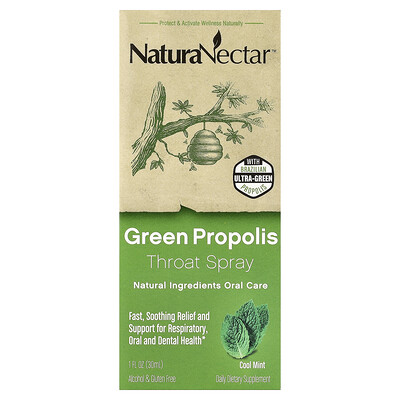 NaturaNectar, Spray para la garganta con propóleo verde, Niños de 2 años en adelante, Menta fresca, 30 ml (1 oz. líq.)