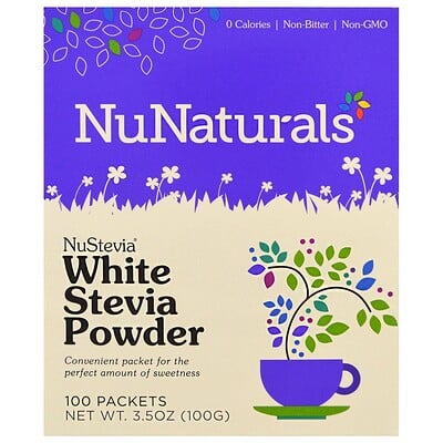 NuNaturals NuStevia, белый порошок стевии, 100 пакетиков, 100 г (3,5 унции)