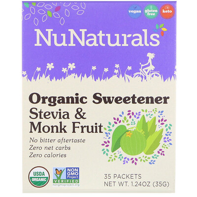 NuNaturals Органический подсластитель, стевия и архат, 35 пакетиков по 1,24 унц. (35 г)