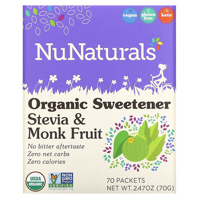 NuNaturals Органический подсластитель, стевия и архат, 70 пакетиков, 2,47 унции (70 г)