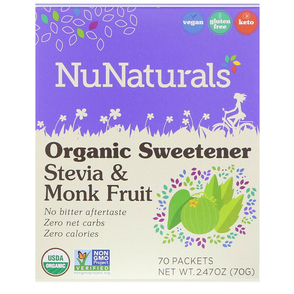 NuNaturals‏, ממתיק אורגני, סטיביה ופרי מונק, 70 חבילות, 2.47 oz (70 גרם)