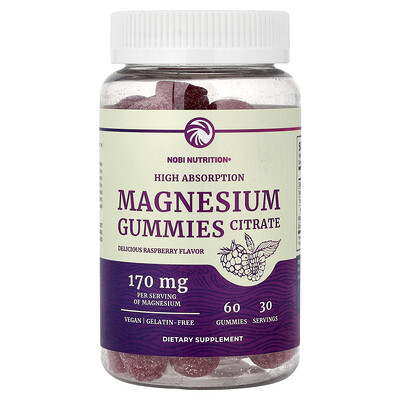 Nobi Nutrition, Gomitas de citrato de magnesio, Alta absorción, Frambuesa, 60 gomitas (85 mg por gomita)