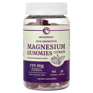 Nobi Nutrition, Jeleuri cu citrat de magneziu, cu absorbție ridicată, zmeură, 60 de jeleuri (85 mg per jeleu)