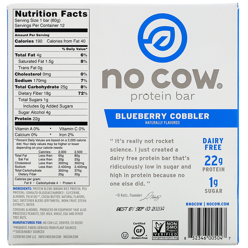 No Cow, Protein Bar, Blueberry Cobbler, 12 Bars, 2.12 oz (60 g) Each