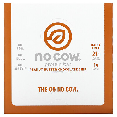 No Cow Протеиновый батончик, шоколадная крошка с арахисовой пастой, 12батончиков по 60г (2,12унции)