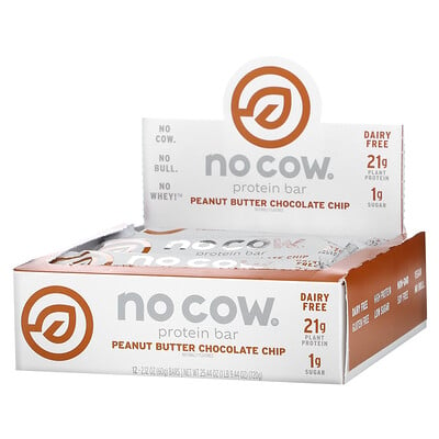 No Cow Протеиновый батончик, шоколадная крошка с арахисовой пастой, 12 батончиков по 60 г (2,12 унции)