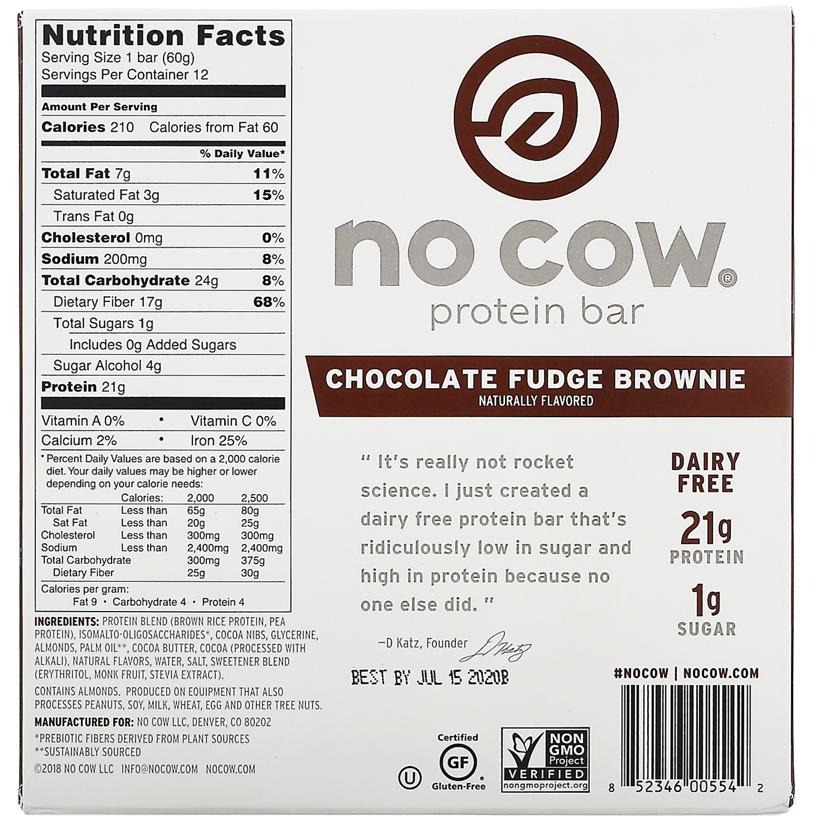 No Cow, Protein Bar, Chocolate Fudge Brownie, 12 Bars, 2.12 oz (60 g