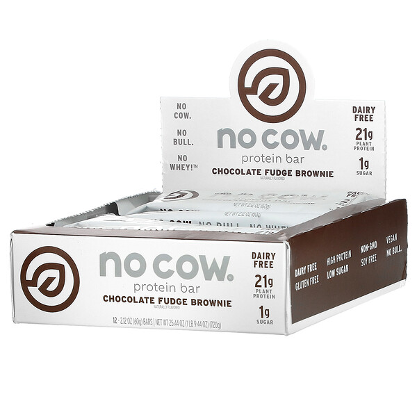No Cow, Barrita proteica, Brownie de chocolate y caramelo, 12 barritas, 60 g (2,12 oz) cada una