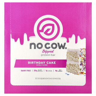 No Cow, Barra de Proteína com Cobertura, Bolo de Aniversário, 12 Barras, 60 g (2,12 oz) Cada