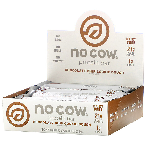 No Cow‏, חטיף חלבון, בצק עוגיות עם שבבי שוקולד, 12 חטיפים, 60 גרם (2.12 אונקיות) ליחידה