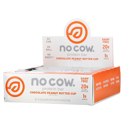 Купить No Cow Protein Bar, шоколадный батончик с арахисовым маслом, 12 батончиков, 60 г (2, 12 унции) каждый