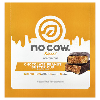 No Cow, Barre protéinée enrobée, Barre chocolatée au beurre de cacahuète, 12 barres, 60 g pièce