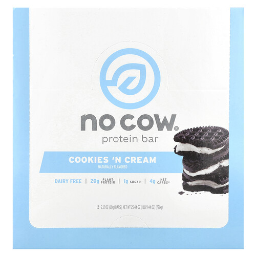 No Cow Protein Bar, Cookies'N Cream, 12 Bars, 2.12 oz (60 g) Each
