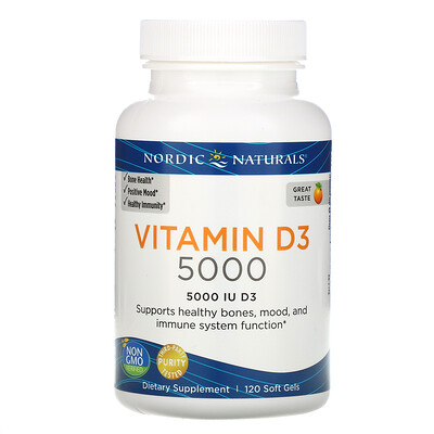 Nordic Naturals Витамин D3 5000, со вкусом апельсина, 5000 МЕ, 120 мягких желатиновых капсул