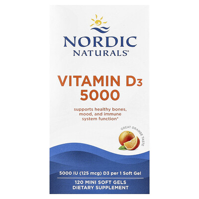Product Image for Nordic Naturals, Vitamin D3 5000, Orange, 125 mcg (5,000 IU), 120 Mini Soft Gels