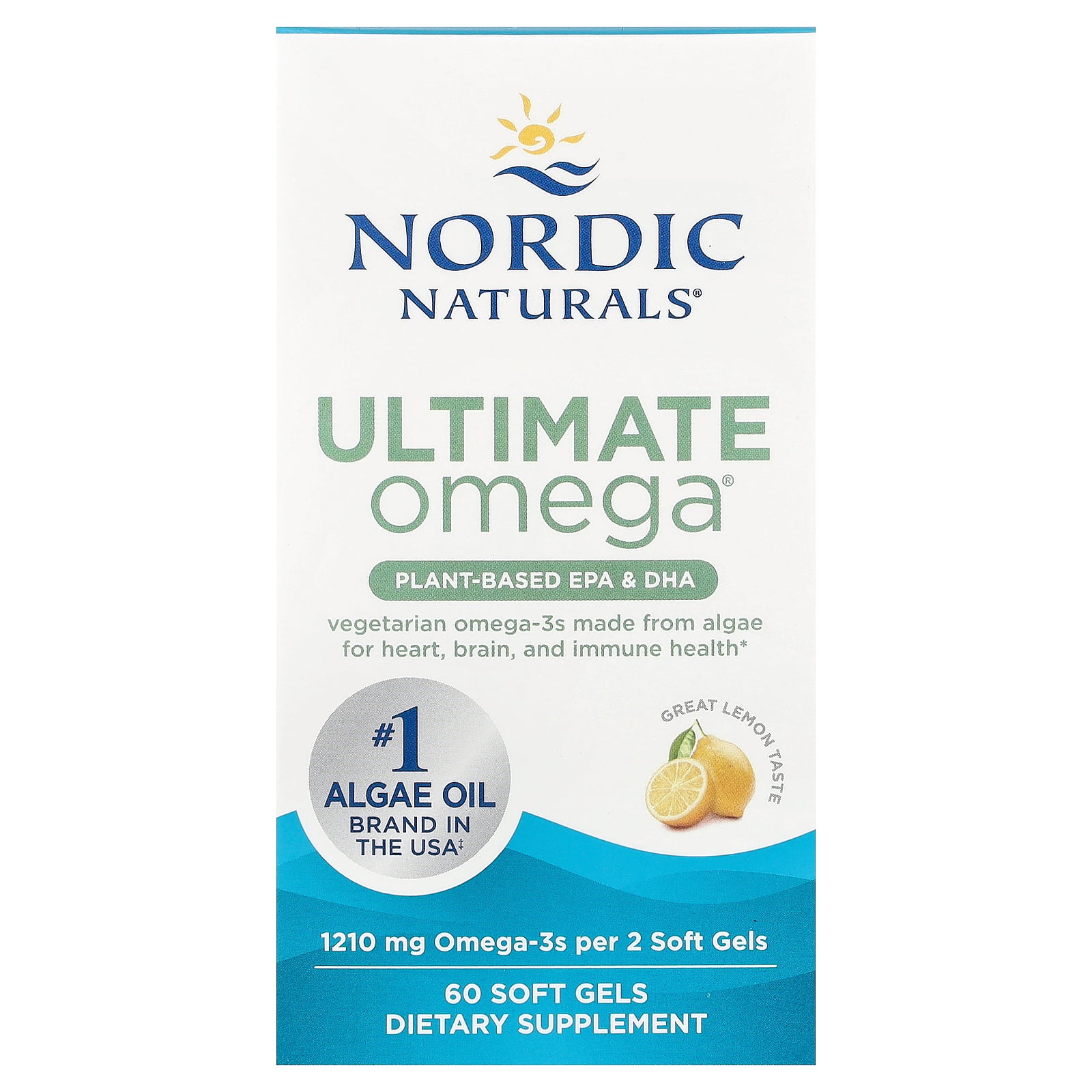 Nordic Naturals (노르딕 내추럴스), Ultimate Omega®, 식물성 EPA 및 DHA, 레몬 맛, 소프트젤 60정(소프트젤당 605mg)