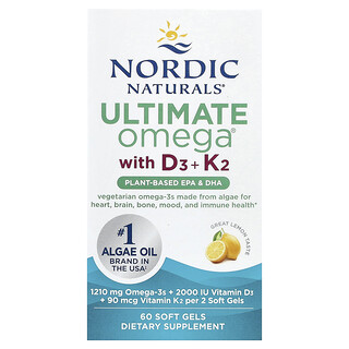 Nordic Naturals, Ultimate Omega®, Suplemento de origen vegetal con vitamina D3 y vitamina K2, Limón, 60 cápsulas blandas