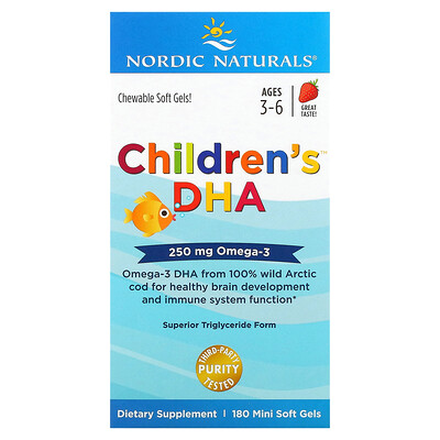 

Nordic Naturals Children's DHA, ДГК для детей, со вкусом клубники, для детей 3–6 лет, 250 мг, 180 мини-капсул