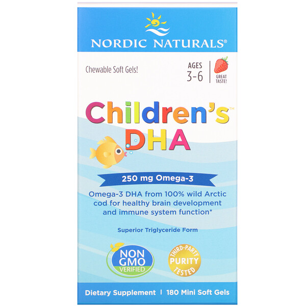 Nordic Naturals, ДГК для детей, клубника, для детей 3–6 лет, 250 мг, 180 желатиновых мини-капсул