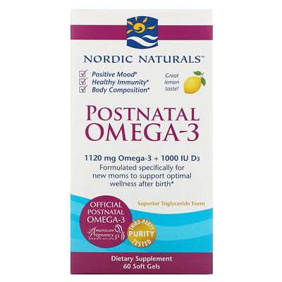 Nordic Naturals омега-3 для приема после родов, лимон, 1120 мг, 60 капсул