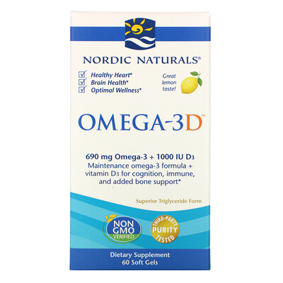 Nordic Naturals Омега-3D, лимонный, 1000 мг, 60 мягких капсул
