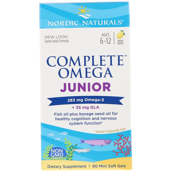 Nordic Naturals, Complete Omega Junior, со вкусом лимона, для детей от 6 до 12 лет, 283 мг, 90 мягких желатиновых мини-капсул