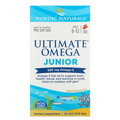 Nordic Naturals Ultimate Omega Junior, для детей от 6 до 12 лет, со вкусом клубники, 680 мг, 90 мини-капсул