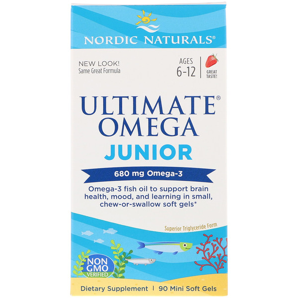 Nordic Naturals, Ultimate Omega Junior, со вкусом клубники, 680 мг, 90 мягких желатиновых мини-капсул