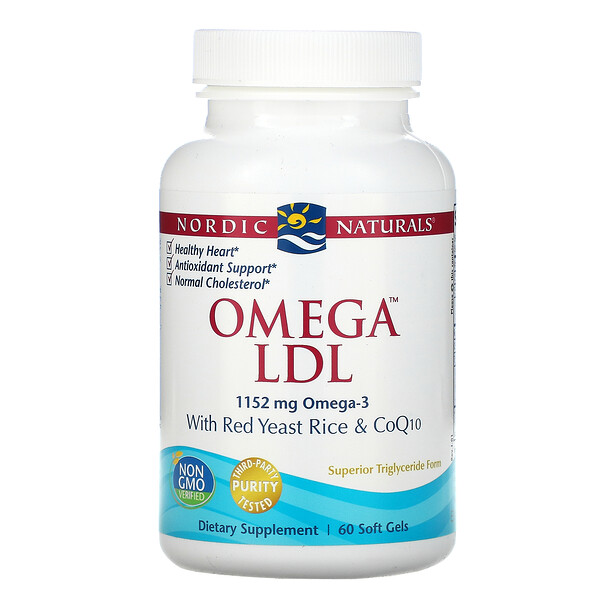 LDL أوميغا، مع خميرة الأرز الأحمر وCoQ10 و، 1000 ملغ، 60 كبسولة هلامية