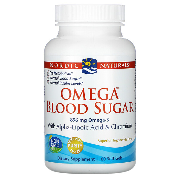 Omega Blood Sugar, пищевая добавка с омега-3 для поддержания уровня глюкозы в крови, 448 мг, 60 капсул