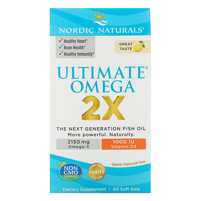 Nordic Naturals Ultimate Omega 2X с витамином D3, лимон, 60 мягких желатиновых капсул