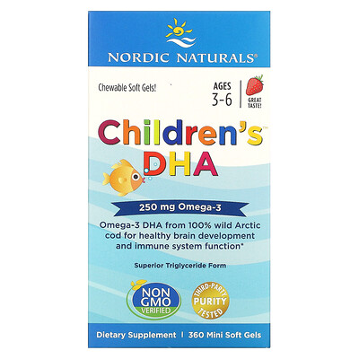Nordic Naturals ДГК для детей, клубника, для детей 3–6 лет, 250 мг, 360 желатиновых мини-капсул