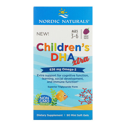 Nordic Naturals Children's DHA Xtra, для детей от 3 до 6 лет, ягодный вкус, 636 мг, 90 мини-таблеток