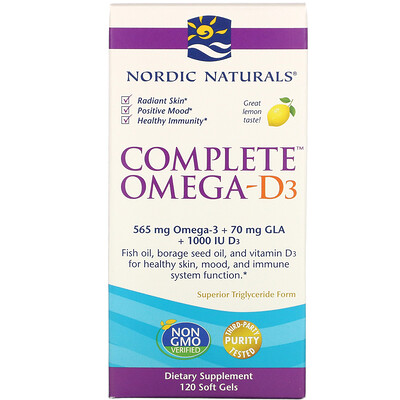 Nordic Naturals Полный комплекс Омега-D3, лимон, 1000 мг, 120 капсул