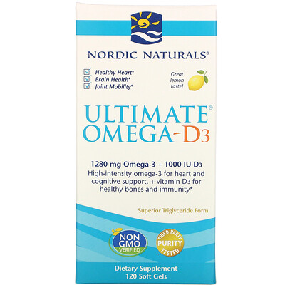 Nordic Naturals Ultimate Омега-D3, со вкусом лимона, 1000 мг, 120 капсул
