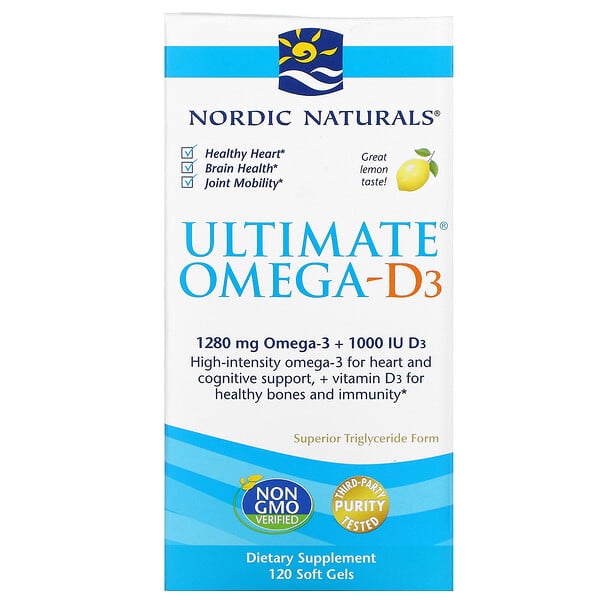 Ultimate Omega + D3, citron, 1000 mg, 120 capsules molles.